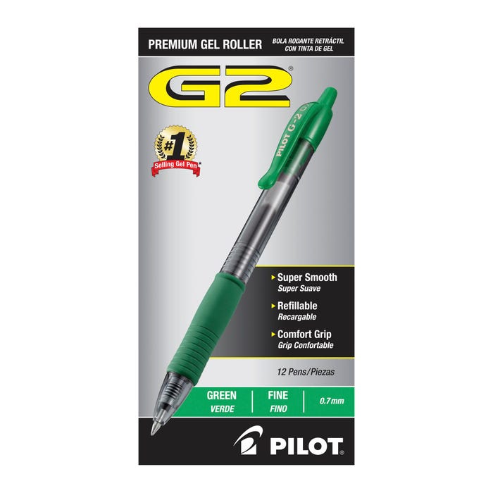Pilot G2 Premium Retractable Gel Ink Rolling Ball Pen, Fine Point, Green Ink, Pack of 12