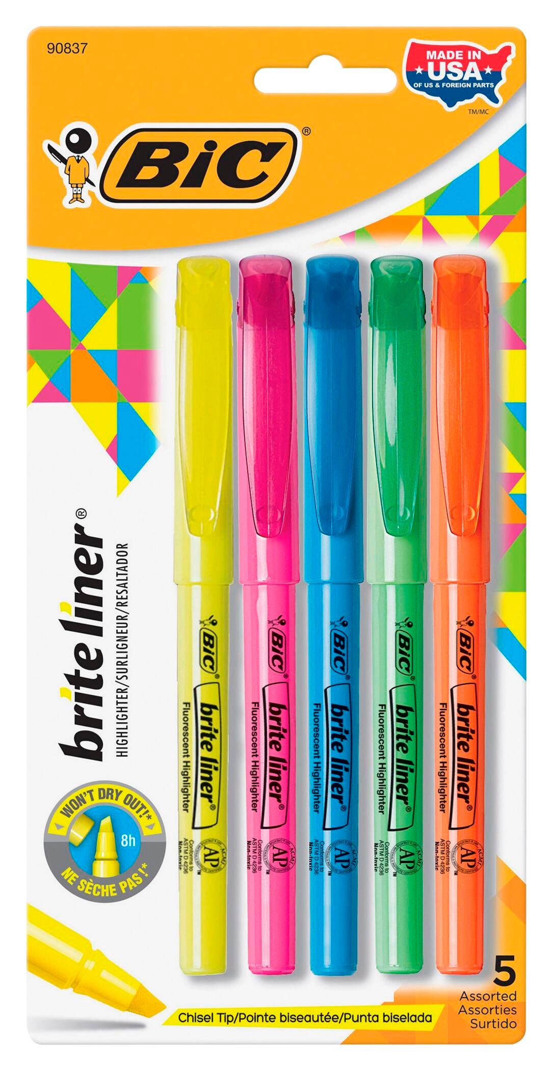 Image for BIC Brite Liner Highlighter, Chisel Tip, Assorted Colors, Set of 5 from School Specialty