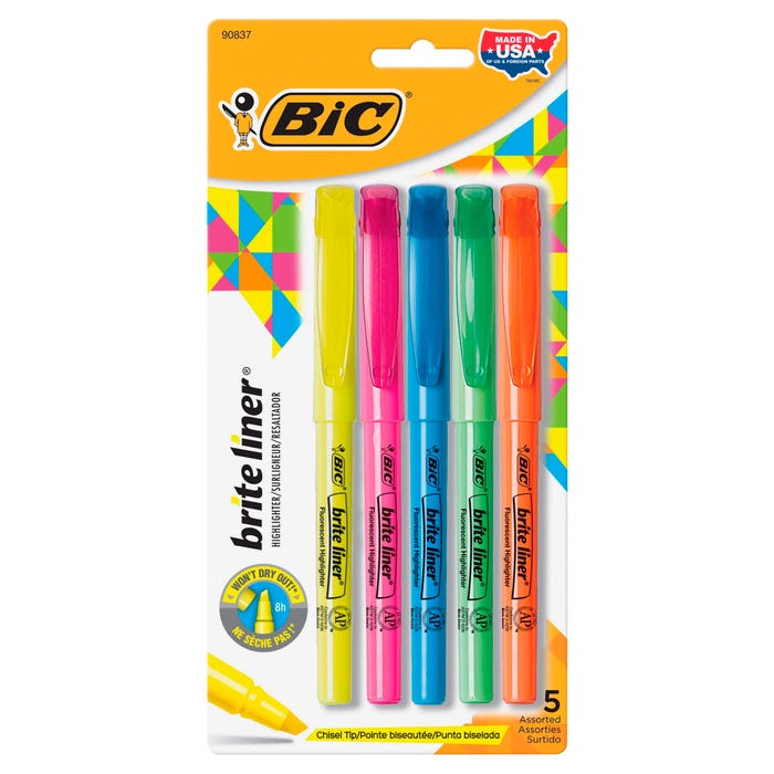 BIC Brite Liner Highlighter, Chisel Tip, Assorted Colors, Set of 5