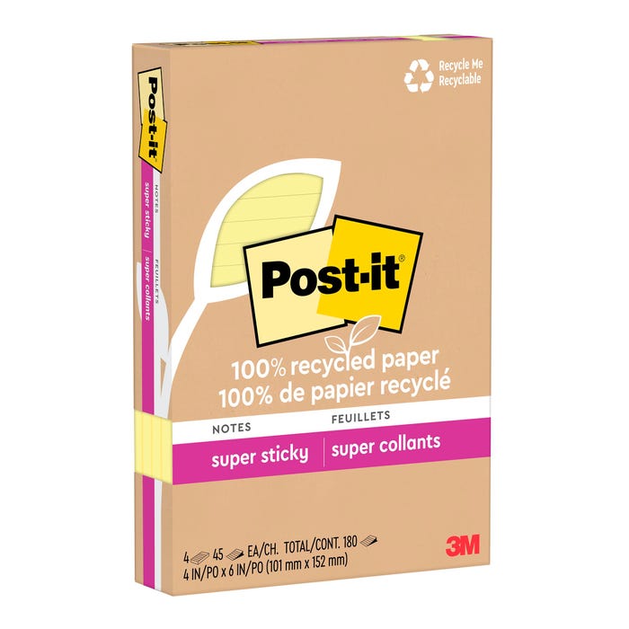 Post-it® 100% Recycled Super Sticky Line Notes, Canary, 4x6 in, 4 Pack, 45 Sheets per Pad