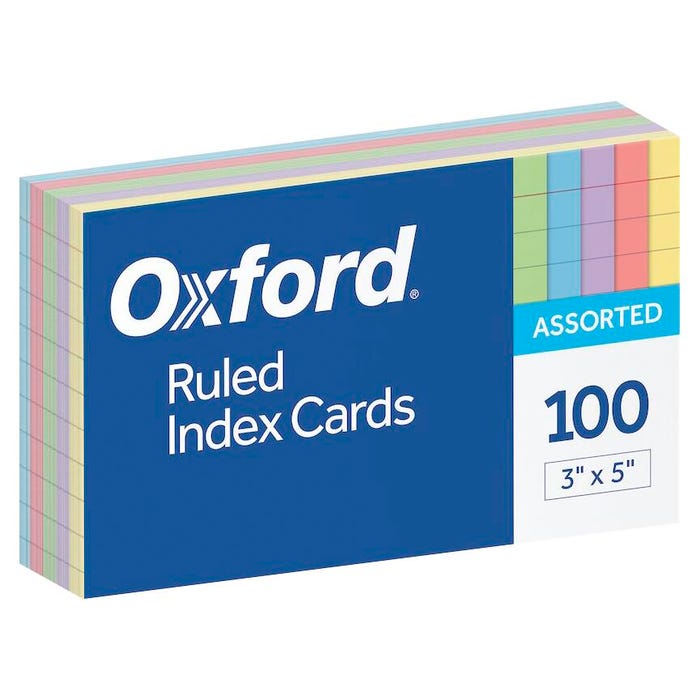 Oxford Rainbow Ruled Index Cards, 3 x 5 Inches, Assorted Colors, Pack of 100