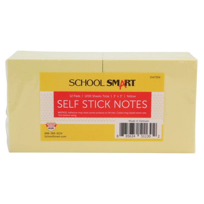 School Smart Removable Self-Stick Adhesive Notes, 3 x 3 Inches, Yellow, 100 Sheets/Pad, Pack of 12