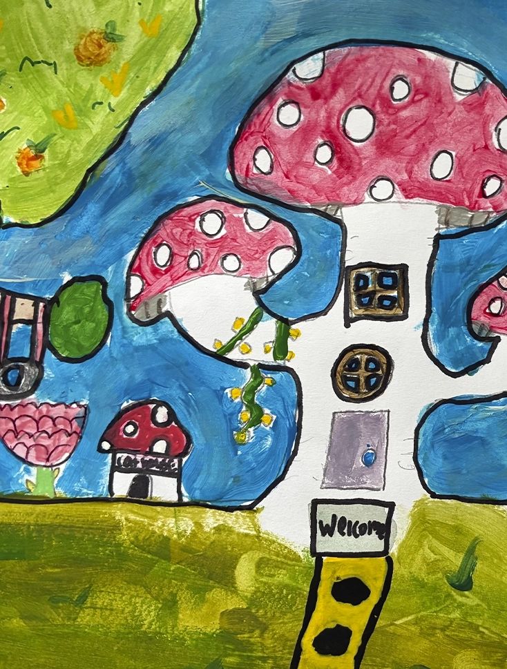 Colorful watercolor painting of a mushroom house.