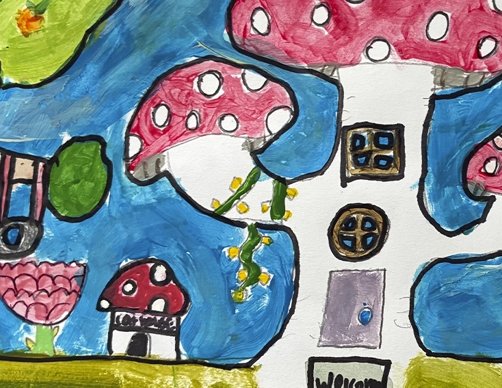 Colorful watercolor painting of a mushroom house.