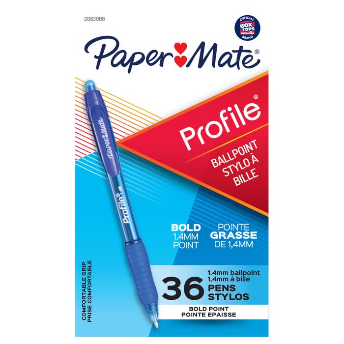 Paper Mate Profile Retractable Ballpoint Pens, Bold Point, 1.4 mm, Blue, Pack of 36