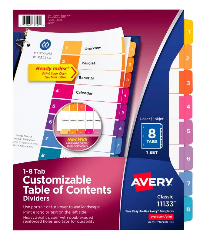 Avery Ready Index Dividers, 8 Tab, 1-8, Assorted Colors, 1 Set 078523