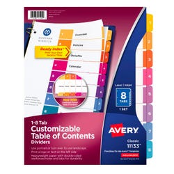 Avery Ready Index Dividers, 8 Tab, 1-8, Assorted Colors, 1 Set 078523