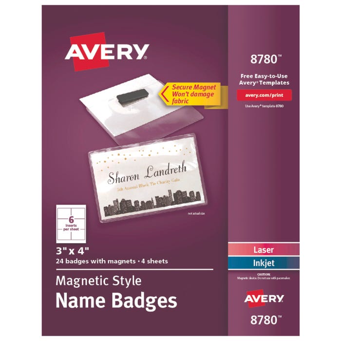 Avery Secure Magnetic Name Badges -- Name Badge Kit w/Magnets, Laser/Inkjet, 3"x4", 24/PK