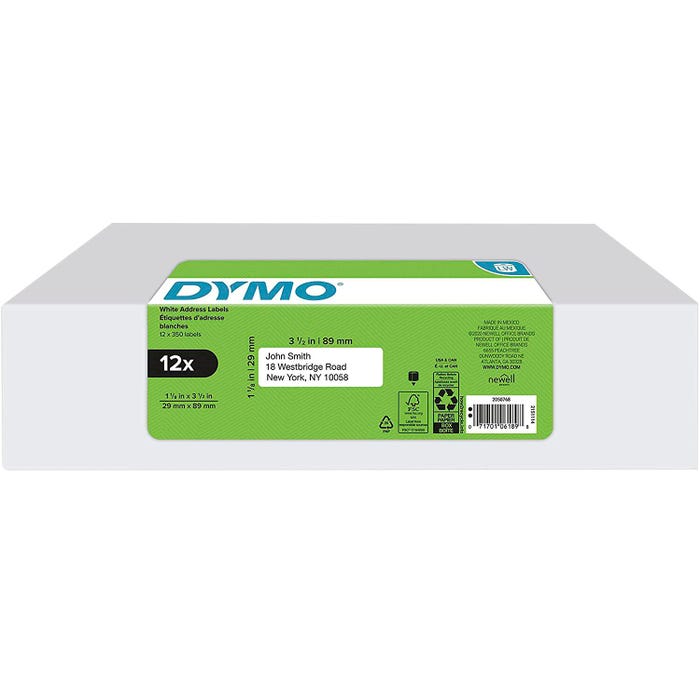 DYMO LabelWriter Address Labels, 1-1/8 x 3-1/2 Inches, White, 350 Labels/Roll, Box of 12