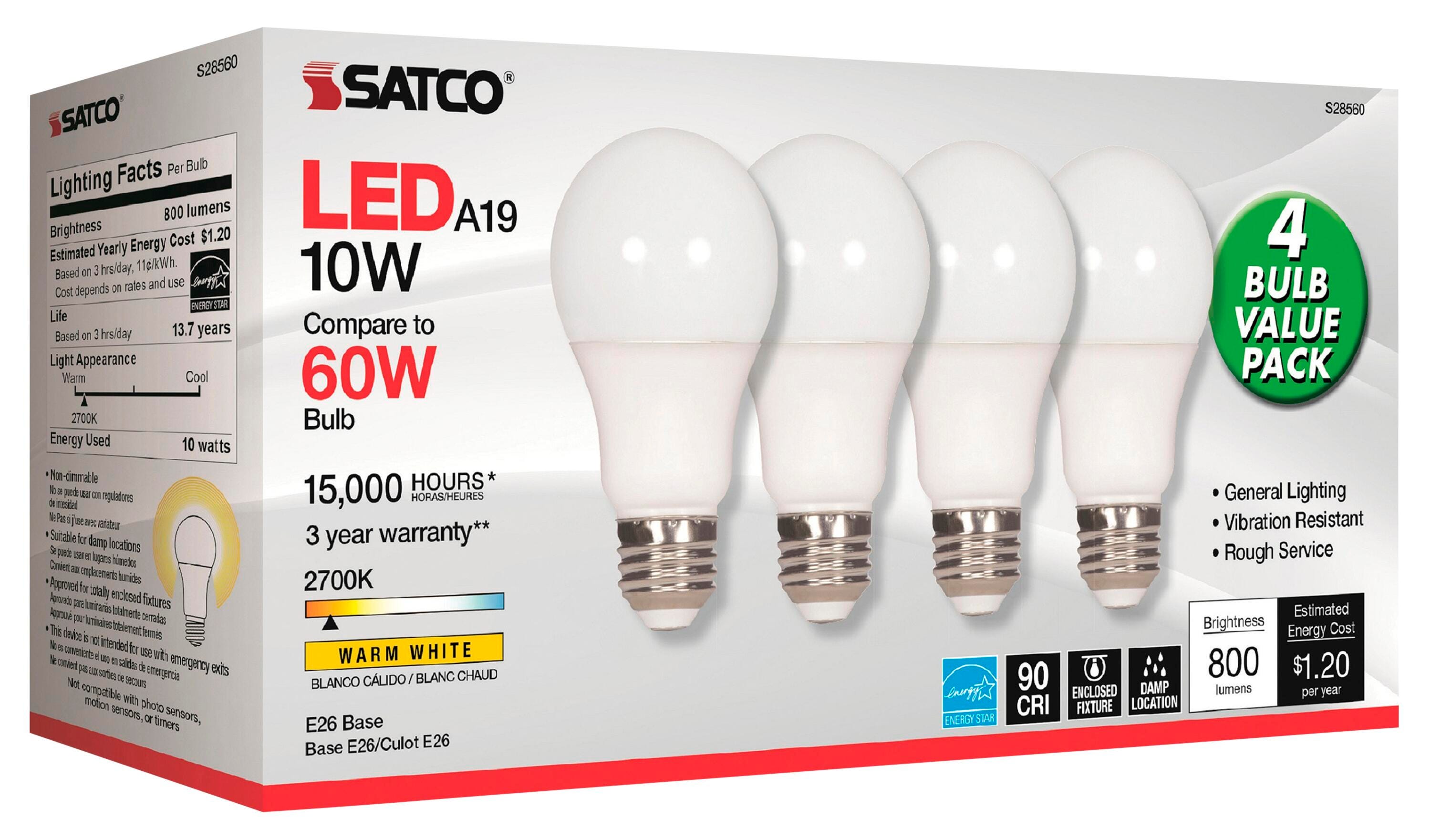 Satco 10 Watt A19 LED 2700K Frosted Bulbs - Pack of 4, Item Number 2050534