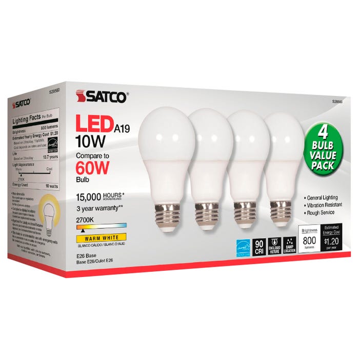 Satco 10 Watt A19 LED 2700K Frosted Bulbs, Pack of 4