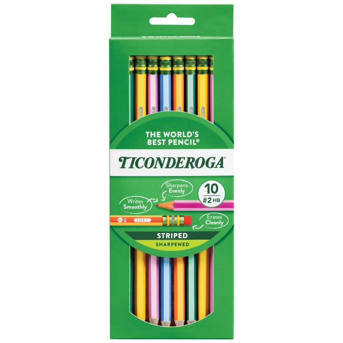 Ticonderoga Striped Wood-Cased Pencils, No 2 HB, Sharpened, Assorted Colors, Pack of 10