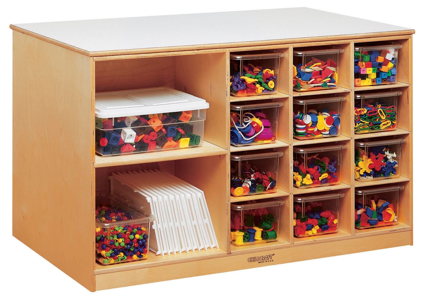 Childcraft Mobile Double-Sided Storage Unit, 12 Clear Trays, 47-3/4 x 23-3/4 x 30 Inches, Item Number 296222