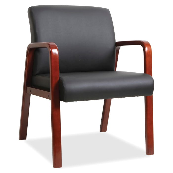 Lorell Upholstered Guest Chair - Black Bonded Leather Seat - Black Bonded Leather Back - Mahogany Solid Wood Frame - Four-legged Base - Armrest - 1 Each Lorell Upholstered Guest Chair - Black Bonded Leather Seat - Black Bonded Leather Back - Mahogany Solid Wood Frame - Four-legged Base - Armrest - 1 Each