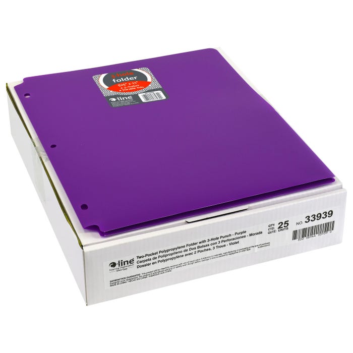 C-Line 2-Pocket Poly Folder, 3 Hole Punched, Purple, Pack of 25