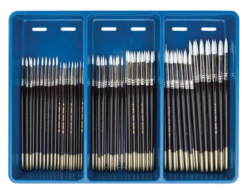 Royal & Langnickel Economy Round White Taklon Hardwood Handle Paint Brush Assortment, Assorted Flat Size, Brown, Set of 72 410819
