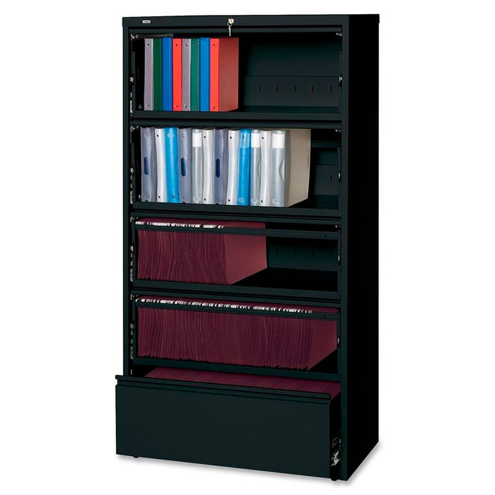 Lorell Receding-Drawer Black Lateral Files, RCD, 5-Drawer, 36 x 18-5/8 x 68-3/4 Inches
