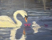 Acrylic painting of a mother and baby swan in a pond.