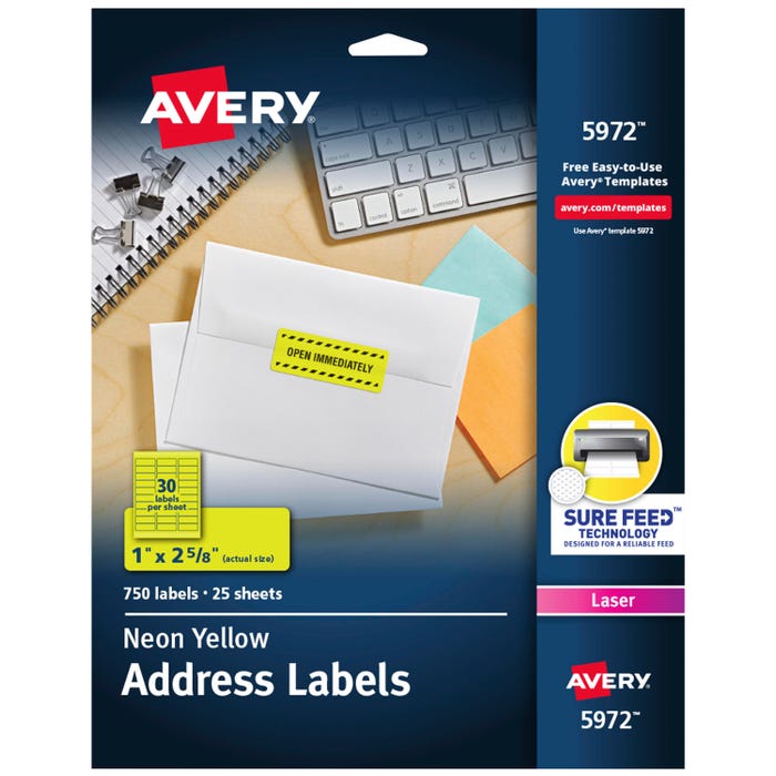 Avery Permanent Laser Labels, 1 x 2-5/8 Inches, Neon Yellow, Pack of 750