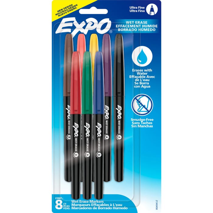 EXPO Wet Erase Markers, Fine Tip, Assorted Colors, Set of 8