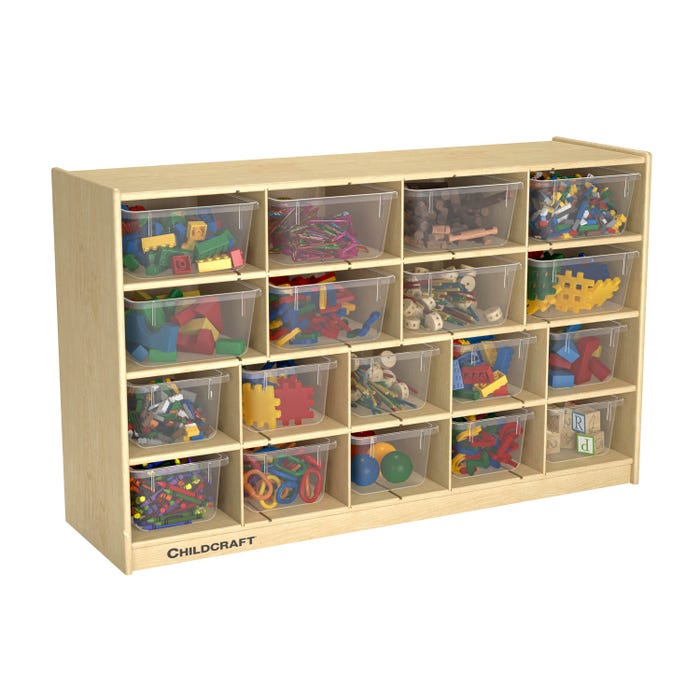 Childcraft Mobile Cubby Storage Unit, 10 Clear Trays, 8 Translucent Trays, 47-3/4 x 14-1/4 x 30 Inches