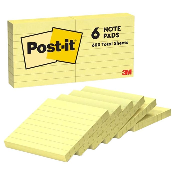 Post-it Lined Pop-Up Notes, 3 x 3 Inches, Canary Yellow, Pad of 100 Sheets, Pack of 6