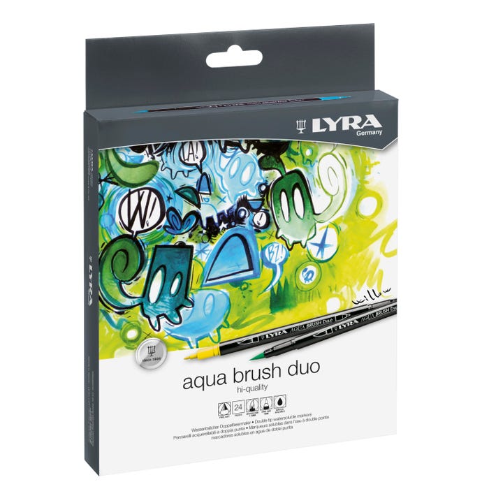 Lyra Water Based Aqua Brush Duo Markers, Brush/Fineline, Assorted Colors, Set of 24