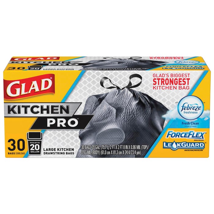 Glad ForceFlex Drawstring X-Large Trash Bags, 20 Gallon, Fresh Clean Scent, Gray, 30 Count, Case of 6