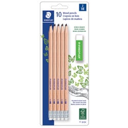 Staedtler Round Barrel HB2 Unpainted Woodcased Pencil, Pack of 10 Plus 1 Bonus Eraser, Item Number 2102272