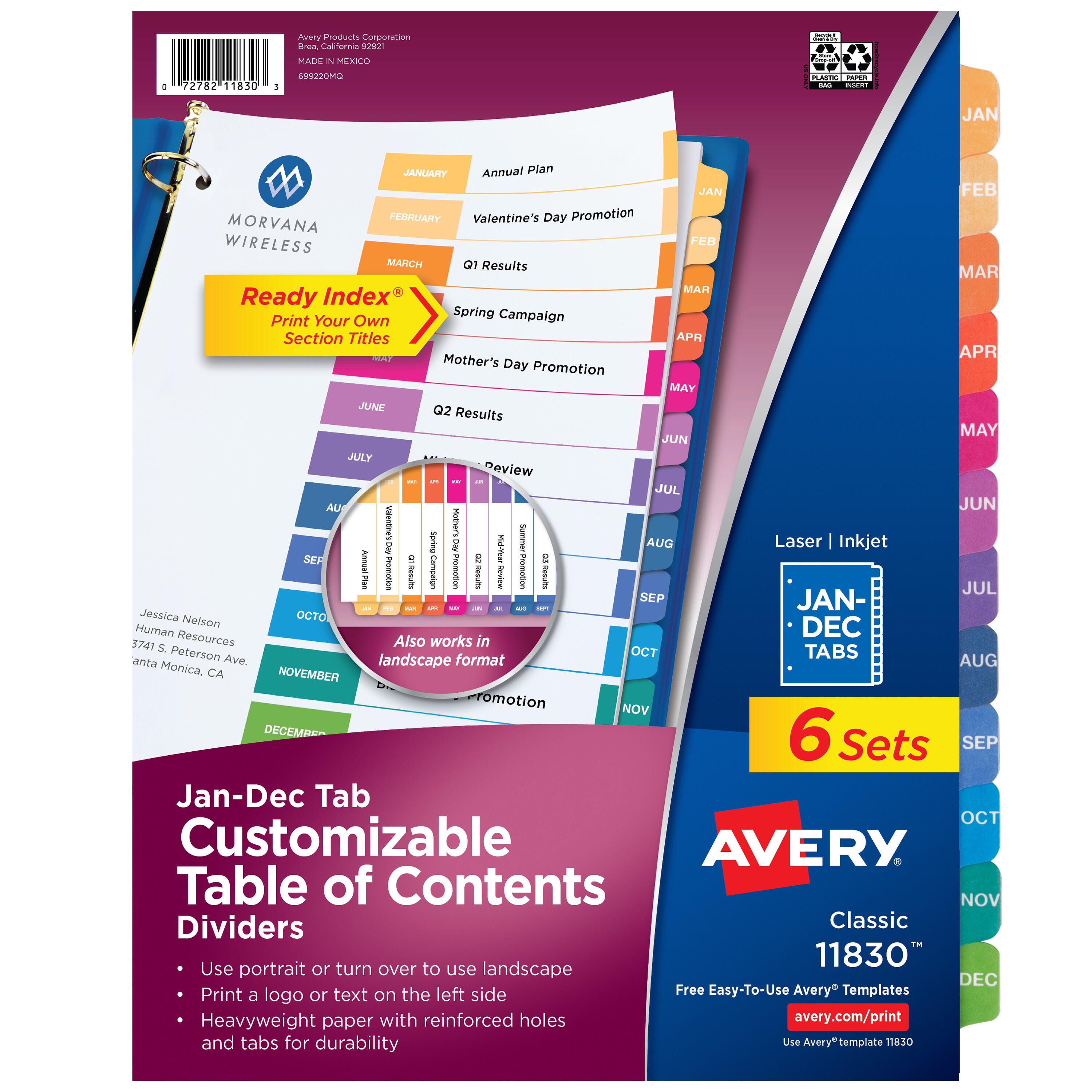 Avery Ready Index Dividers, 12 Tab, Jan-Dec, Assorted Colors, 6 Sets 2024695