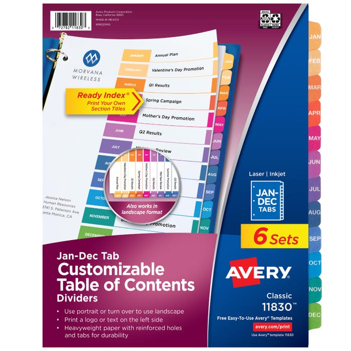 Avery Ready Index Dividers, 12 Tab, Jan-Dec, Assorted Colors, 6 Sets