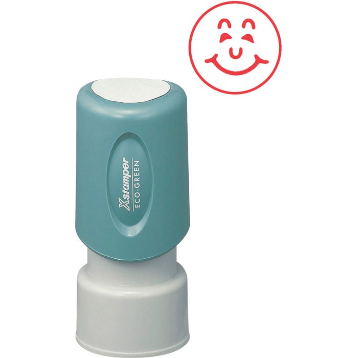 Shachihata Xstamper Plastic Cap Pre-Inked Re-Inked Specialty Stamp, 5/8 in Impression, Happy Face, Red Ink