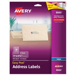 Avery Easy Peel Address Labels, Inkjet, 1 x 2-5/8 Inches, Clear, Pack of 750 075644