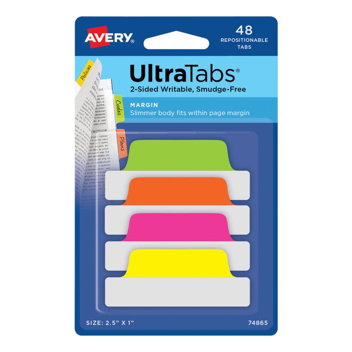 Avery Repositionable UltraTabs, 2-1/2 x 1 Inches, Assorted Neon, Set of 48