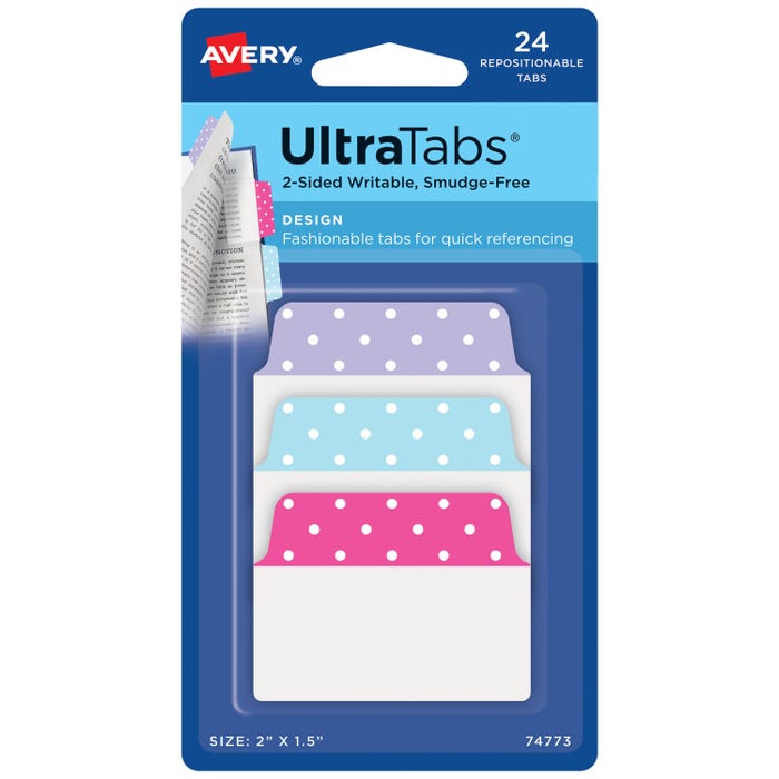 Avery Repositionable UltraTabs, 2 x 1-1/2 Inches, Assorted Dots, Set of 24