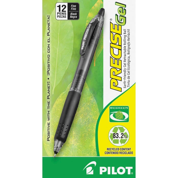 Pilot BeGreen Precise Retractable Gel Pen, 0.7 mm Fine Tip, Black Ink, Translucent Barrel, Pack of 12