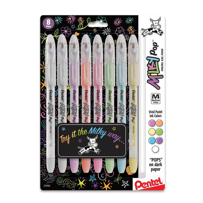 Pentel Milky Pop Pastel Gel Pen, 0.8 mm Medium Line, Assorted, Pack of 8