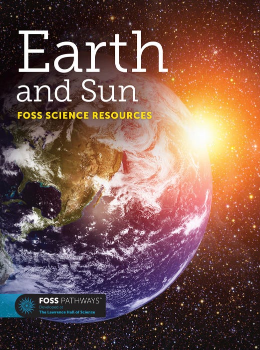 Astronomy-themed Grade 5 book showing the sun and earth.