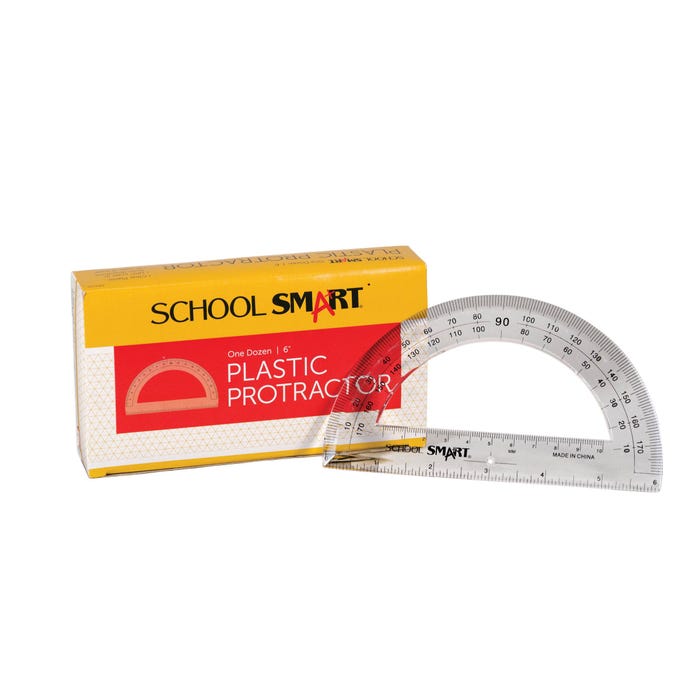 School Smart Plastic Protractors, 180 Degrees, 6 Inch Ruler Base, Clear, Pack of 12