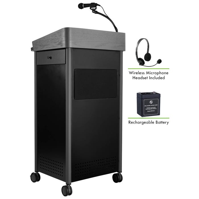 Oklahoma Sound Greystone Lectern with Sound, Rechargeable Battery and Wireless Headset Mic, 23-1/2 x 19-1/4 x 45-1/2 Inches