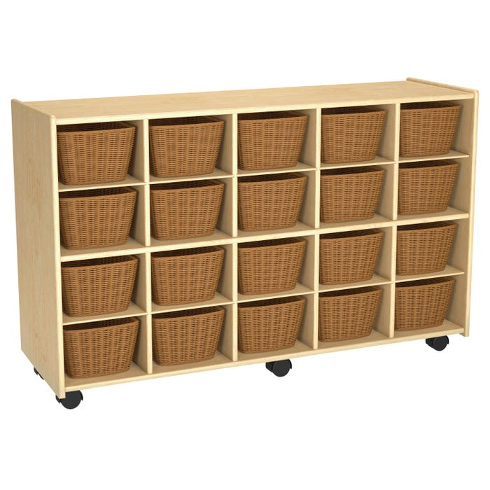 Childcraft Mobile Cubby Unit With Locking Casters, 20 Wicker Baskets, 47-3/4 x 14-1/4 x 30 Inches