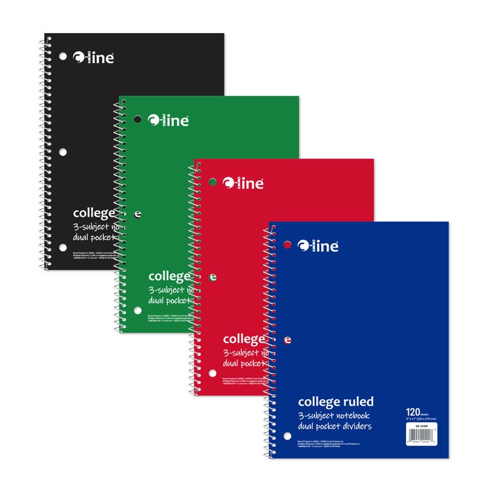 C- Line 3-Subject Spiral Notebook, College Ruled, 8-1/2 x 10-1/2 Inches, 120 Sheets, Assorted Colors