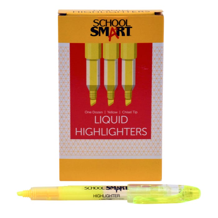 School Smart Liquid Pen Style Highlighters, Chisel Tips, Yellow, Pack of 12