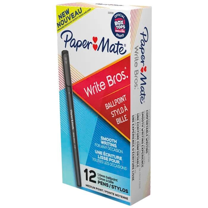 Paper Mate Write Bros. Ballpoint Pens, Medium Point, 1.0 mm, Black, Pack of 12