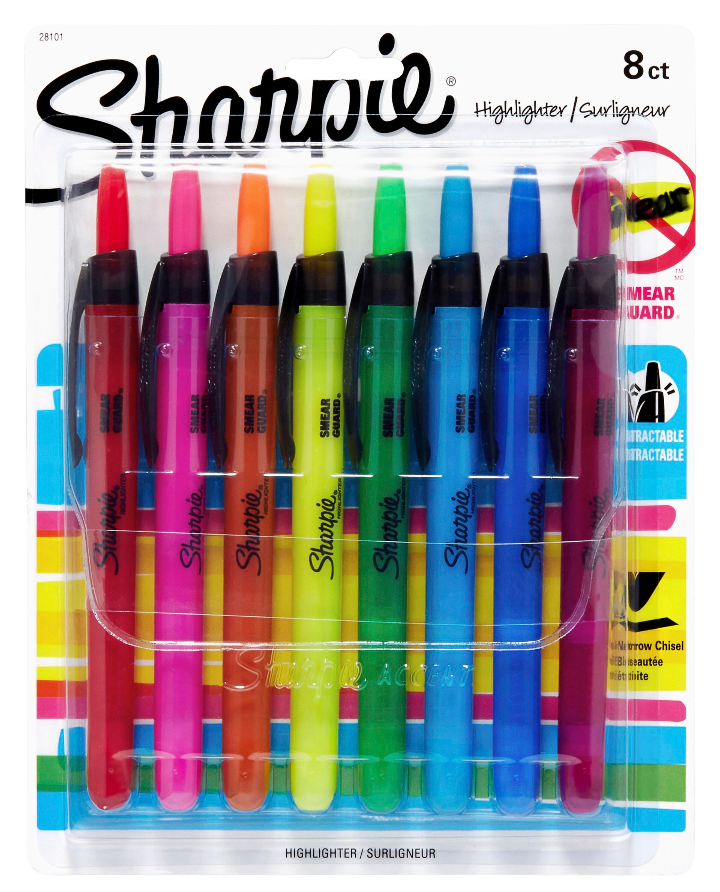Image for Sharpie Accent Smear Guard Non-Toxic Retractable Highlighter Set, Chisel-Narrow Tip, Assorted Color, Set of 8 from School Specialty