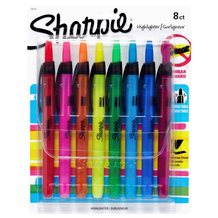 Sharpie Accent Smear Guard Non-Toxic Retractable Highlighter Set, Chisel-Narrow Tip, Assorted Color, Set of 8