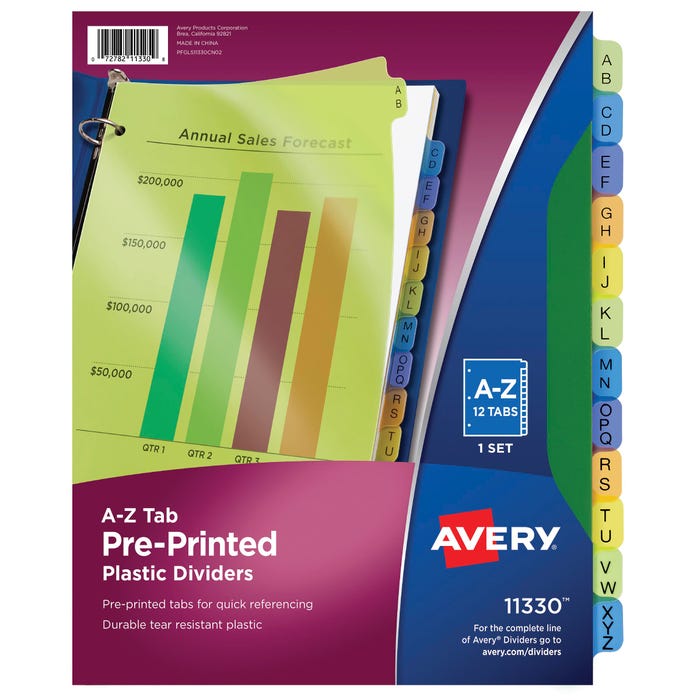 Avery Preprinted Plastic Dividers, 12 Tab, A-Z, Assorted Colors