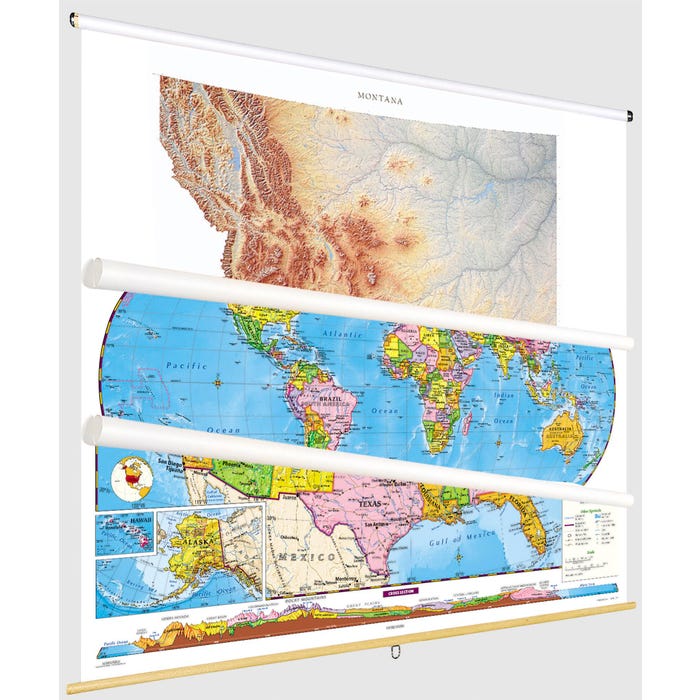 Social Studies MONTANA/U.S./WORLD MAP COMBO, Markable, Erasable, Grades 4-12