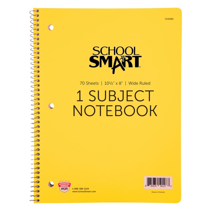 School Smart Wide Ruled Spiral Notebook, 8 x 10-1/2 Inches, 1 Subject, Yellow, 70 Sheets