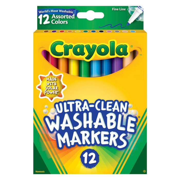 Crayola Ultra-Clean Washable Markers, Fine Line, Assorted Colors, Set of 12 024034